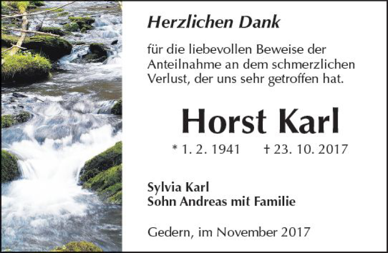  Traueranzeige für Horst Karl vom 04.11.2017 aus  Kreisanzeiger