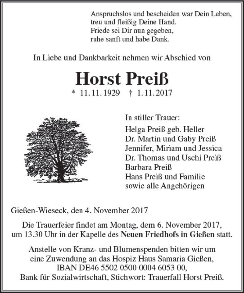  Traueranzeige für Horst Preiß vom 04.11.2017 aus  Gießener Anzeiger