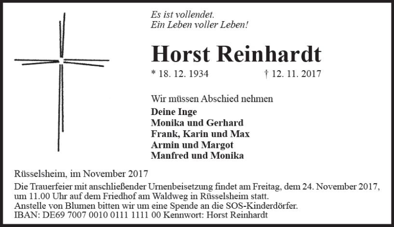  Traueranzeige für Horst Reinhardt vom 18.11.2017 aus Trauerportal Rhein Main Presse