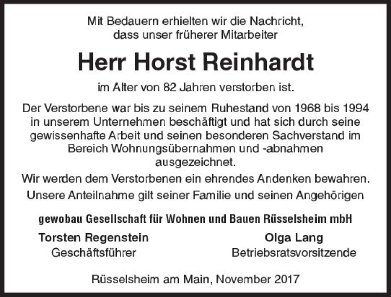  Traueranzeige für Horst Reinhardt vom 22.11.2017 aus Trauerportal Rhein Main Presse