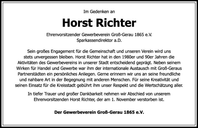  Traueranzeige für Horst Richter vom 14.11.2017 aus Trauerportal Echo Online