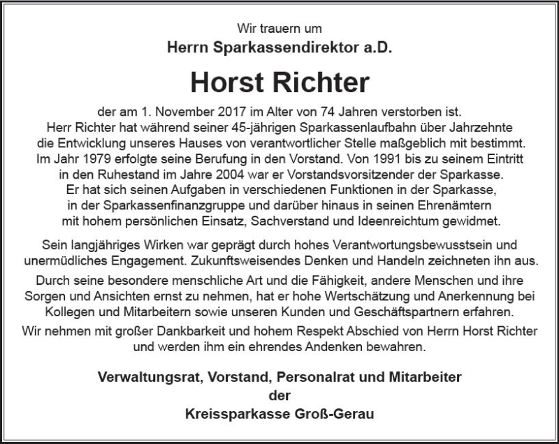  Traueranzeige für Horst Richter vom 07.11.2017 aus Trauerportal Echo Online
