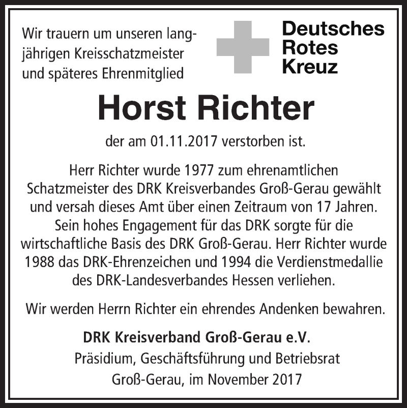  Traueranzeige für Horst Richter vom 18.11.2017 aus Trauerportal Echo Online