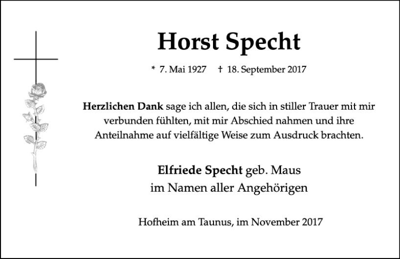  Traueranzeige für Horst Specht vom 03.11.2017 aus Trauerportal Rhein Main Presse