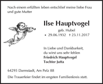 Traueranzeige von Ilse Hauptvogel von Trauerportal Echo Online