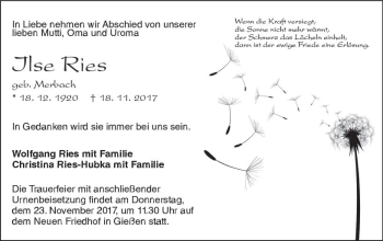 Traueranzeige von Ilse Ries von  Gießener Anzeiger