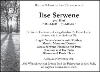 Traueranzeige von Ilse Serwene von Trauerportal Rhein Main Presse
