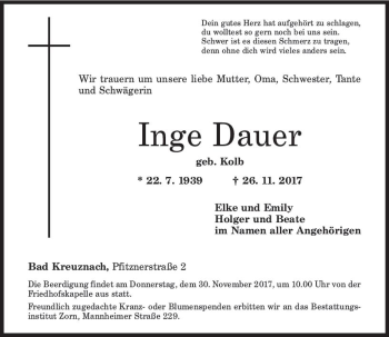 Traueranzeige von Inge Dauer von Trauerportal Rhein Main Presse