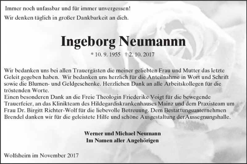  Traueranzeige für Ingeborg Neumannn vom 18.11.2017 aus Trauerportal Rhein Main Presse