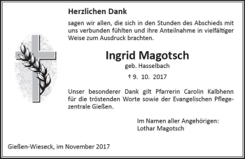 Traueranzeige von Ingrid Magotsch von  Gießener Anzeiger