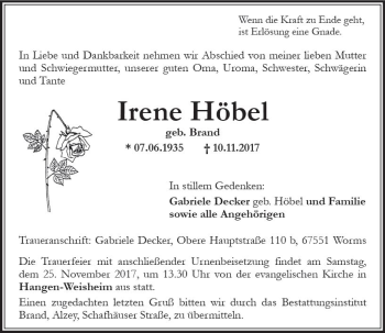 Traueranzeige von Irene Höbel von Trauerportal Rhein Main Presse