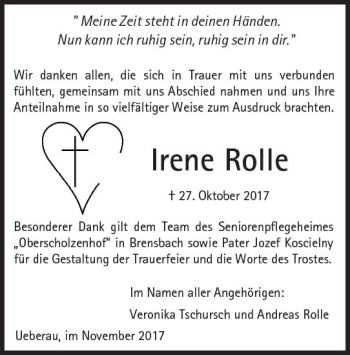 Traueranzeige von Irene Rolle von Trauerportal Rhein Main Presse