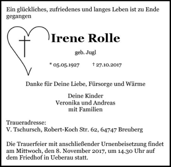 Traueranzeige von Irene Rolle von Trauerportal Echo Online
