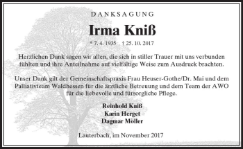 Traueranzeige von Irma Kniß von VRM Trauer