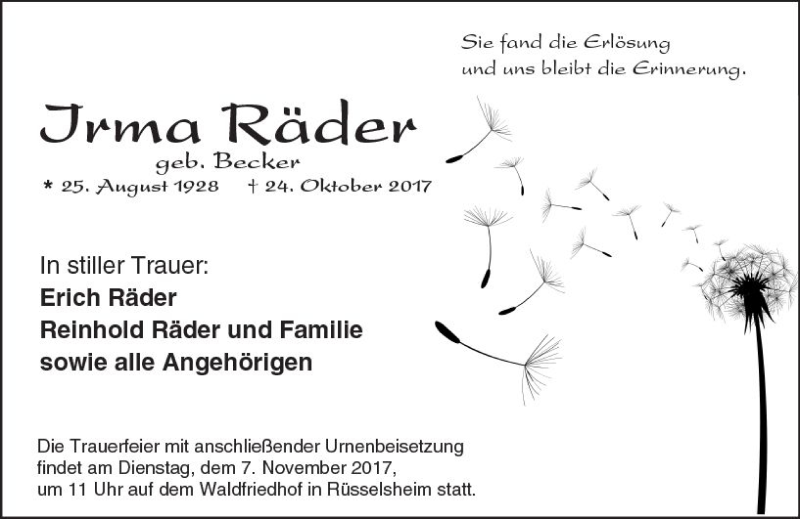  Traueranzeige für Irma Räder vom 04.11.2017 aus Trauerportal Rhein Main Presse