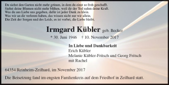 Traueranzeige von Irmgard Kübler von Trauerportal Echo Online