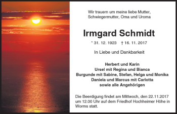 Traueranzeige von Irmgard Schmidt von Trauerportal Rhein Main Presse