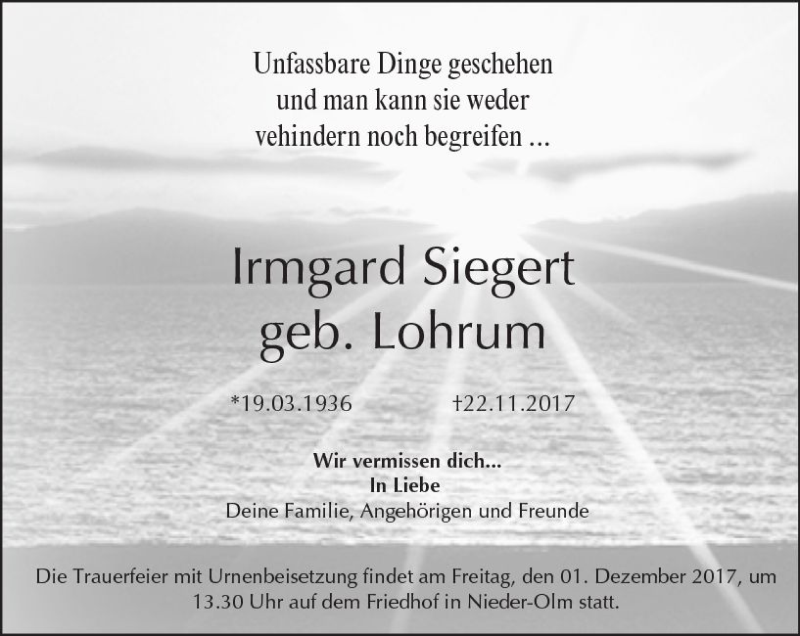  Traueranzeige für Irmgard Siegert vom 28.11.2017 aus Trauerportal Rhein Main Presse