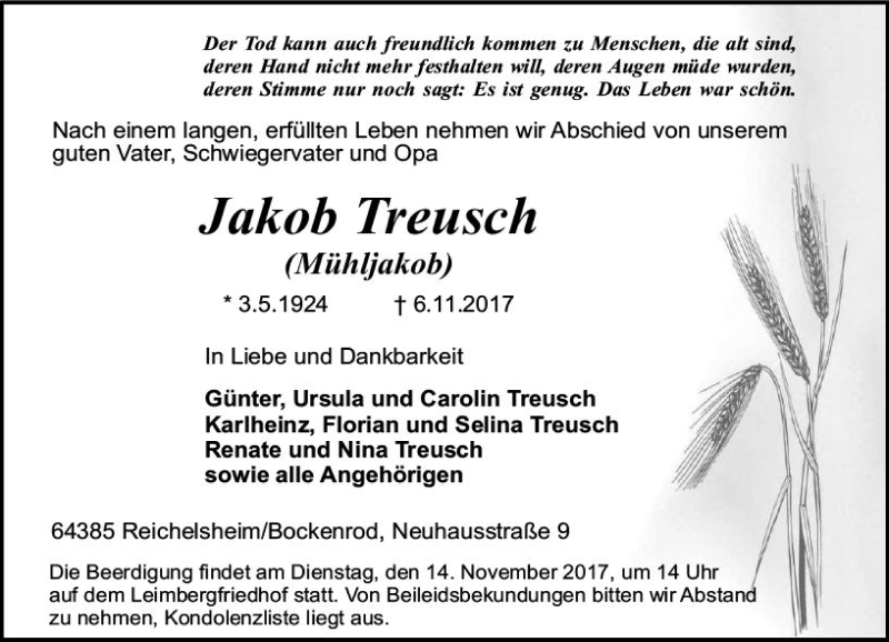  Traueranzeige für Jakob Treusch vom 11.11.2017 aus Trauerportal Echo Online