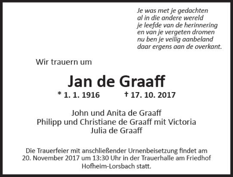  Traueranzeige für Jan de Graaff vom 10.11.2017 aus Trauerportal Rhein Main Presse