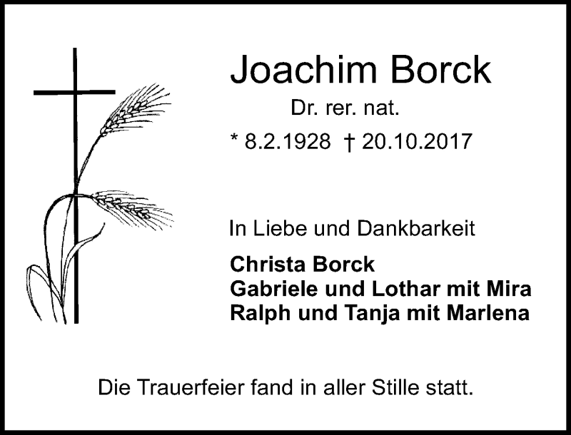  Traueranzeige für Joachim Borck vom 18.11.2017 aus Trauerportal Echo Online