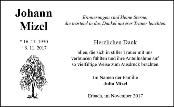 Traueranzeige von Johann Mizel von Trauerportal Echo Online