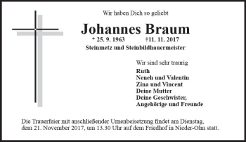 Traueranzeige von Johannes Braum von Trauerportal Rhein Main Presse