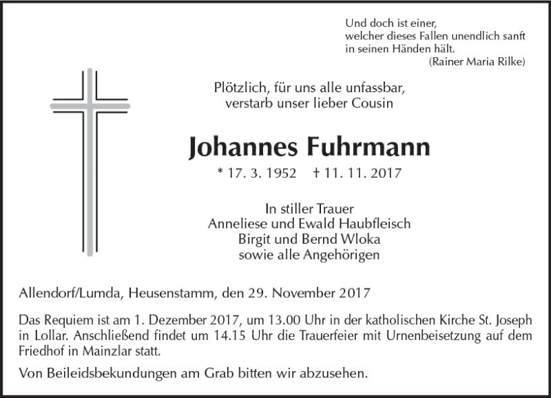  Traueranzeige für Johannes Fuhrmann vom 29.11.2017 aus  Gießener Anzeiger