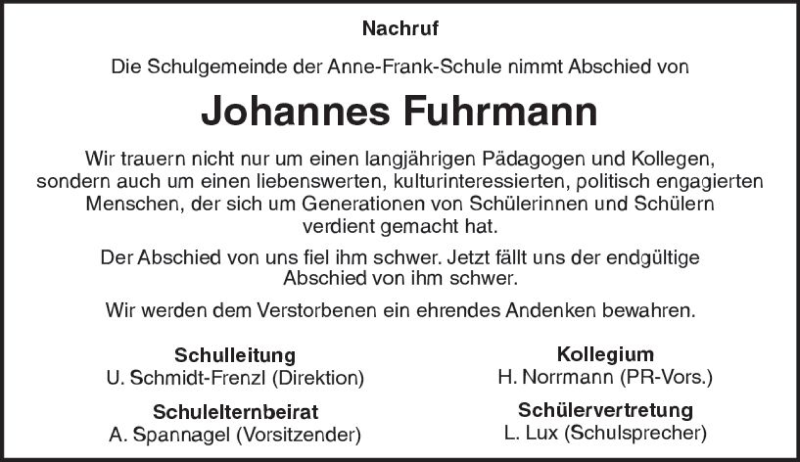  Traueranzeige für Johannes Fuhrmann vom 29.11.2017 aus  Gießener Anzeiger