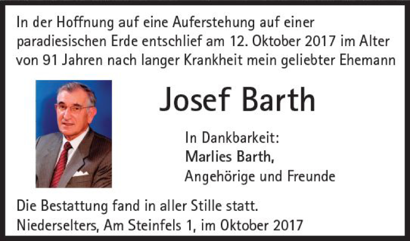  Traueranzeige für Josef Barth vom 02.11.2017 aus  Camberger Anzeiger