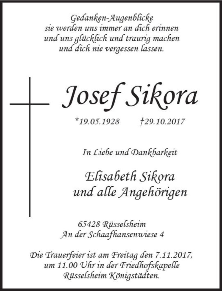 Traueranzeige für Josef Sikora vom 11.11.2017 aus Trauerportal Rhein Main Presse