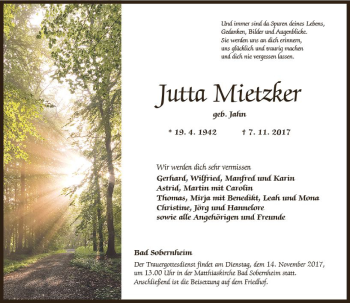 Traueranzeige von Jutta Mietzker von Trauerportal Rhein Main Presse