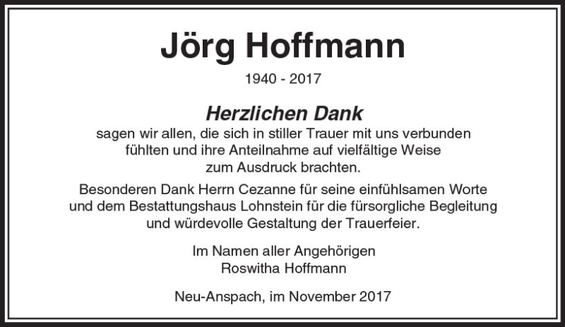  Traueranzeige für Jörg Hoffmann vom 22.11.2017 aus  Usinger Anzeiger