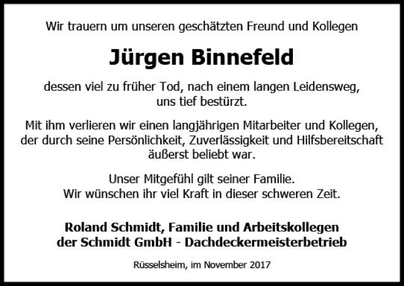  Traueranzeige für Jürgen Binnefeld vom 29.11.2017 aus Trauerportal Rhein Main Presse