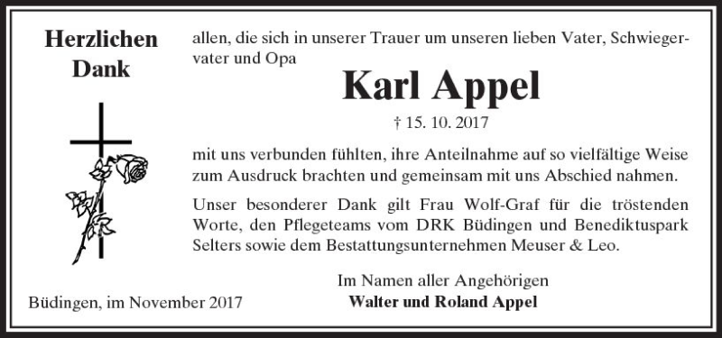  Traueranzeige für Karl Appel vom 11.11.2017 aus  Kreisanzeiger