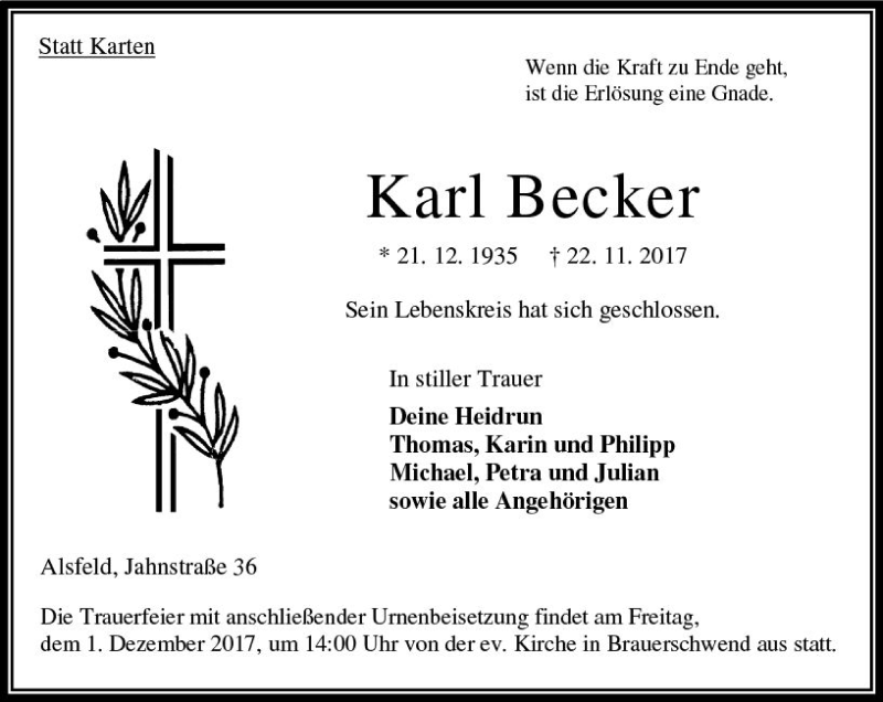  Traueranzeige für Karl Becker vom 28.11.2017 aus VRM Trauer