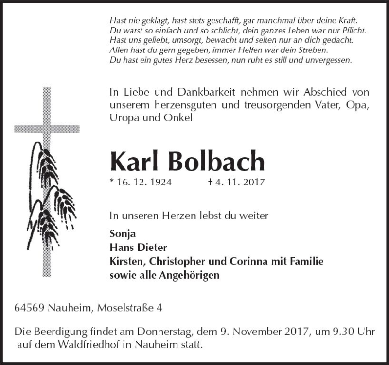  Traueranzeige für Karl Bolbach vom 07.11.2017 aus Trauerportal Echo Online