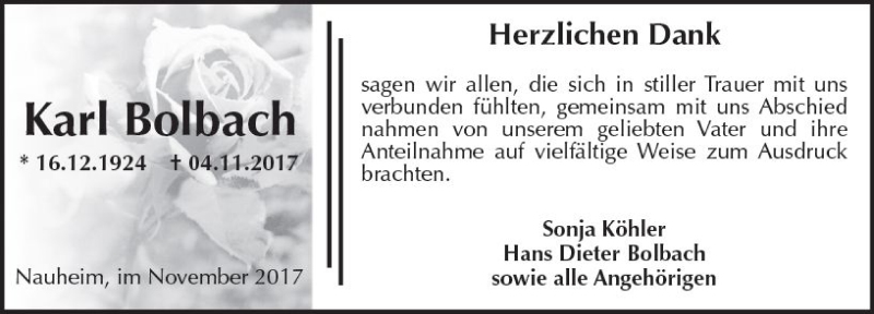  Traueranzeige für Karl Bolbach vom 25.11.2017 aus Trauerportal Echo Online