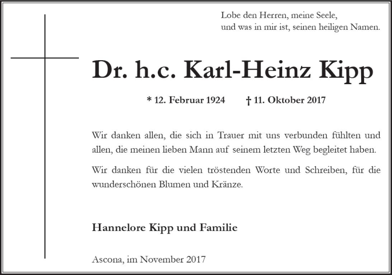  Traueranzeige für Karl-Heinz Kipp vom 11.11.2017 aus Trauerportal Rhein Main Presse