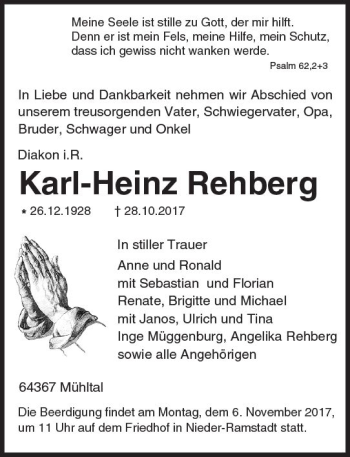 Traueranzeige von Karl-Heinz Rehberg von Trauerportal Echo Online