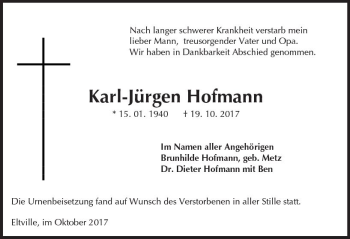 Traueranzeige von Karl-Jürgen Hofmann von Trauerportal Rhein Main Presse