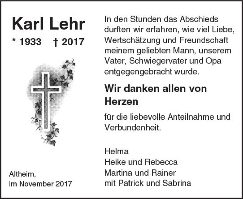  Traueranzeige für Karl Lehr vom 25.11.2017 aus Trauerportal Echo Online