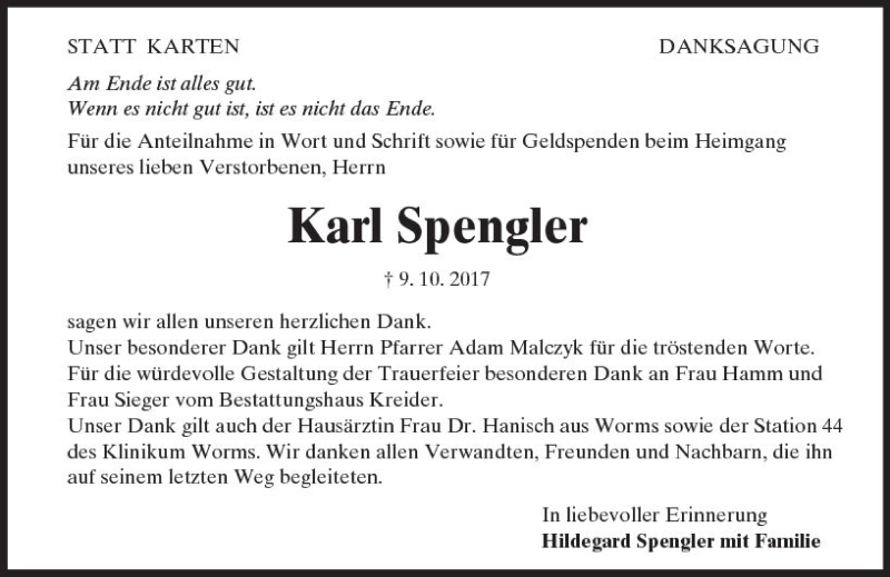 Traueranzeige für Karl Spengler vom 11.11.2017 aus Trauerportal Rhein Main Presse