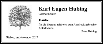 Traueranzeige von Karl Eugen Hubing von  Gießener Anzeiger