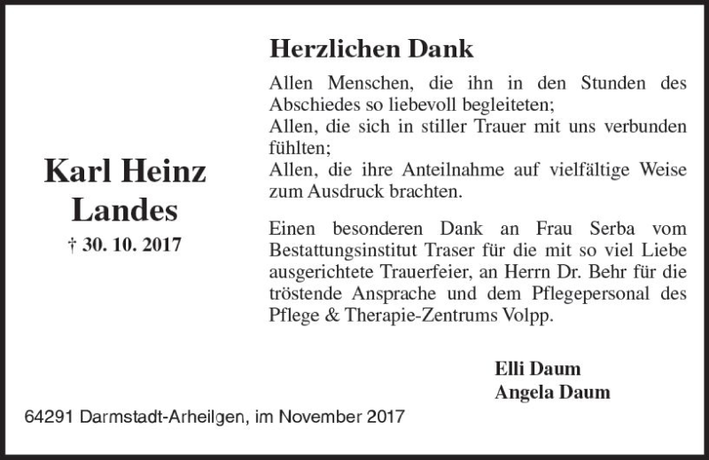  Traueranzeige für Karl Heinz Landes vom 25.11.2017 aus Trauerportal Echo Online