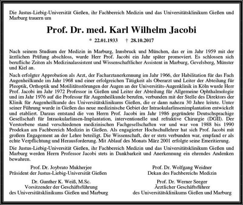  Traueranzeige für Karl Wilhelm Jacobi vom 25.11.2017 aus  Gießener Anzeiger