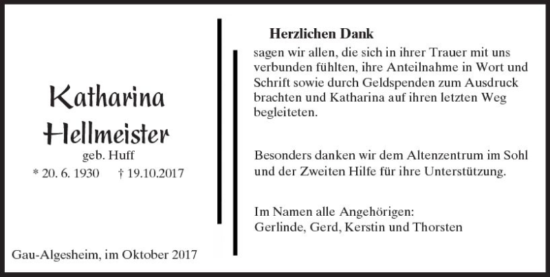  Traueranzeige für Katharina Hellmeister vom 04.11.2017 aus Trauerportal Rhein Main Presse