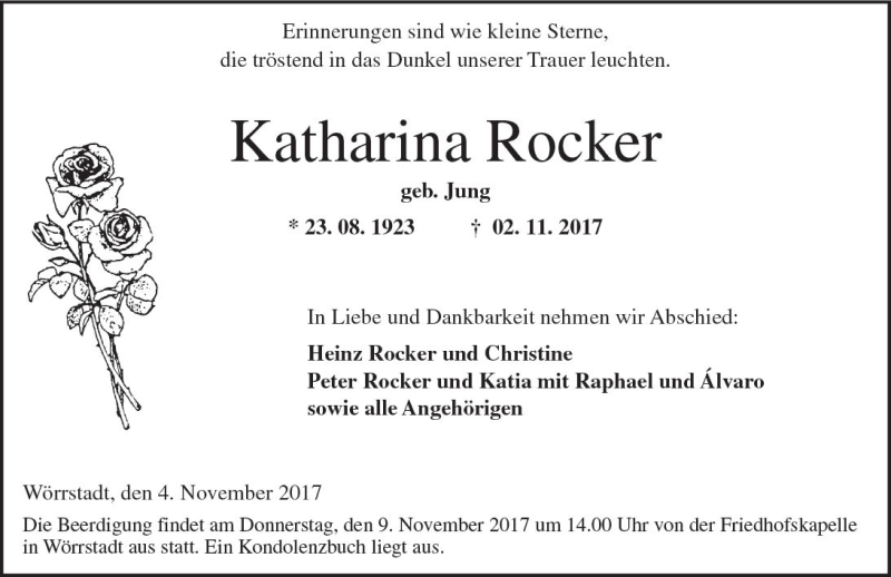  Traueranzeige für Katharina Rocker vom 04.11.2017 aus Trauerportal Rhein Main Presse