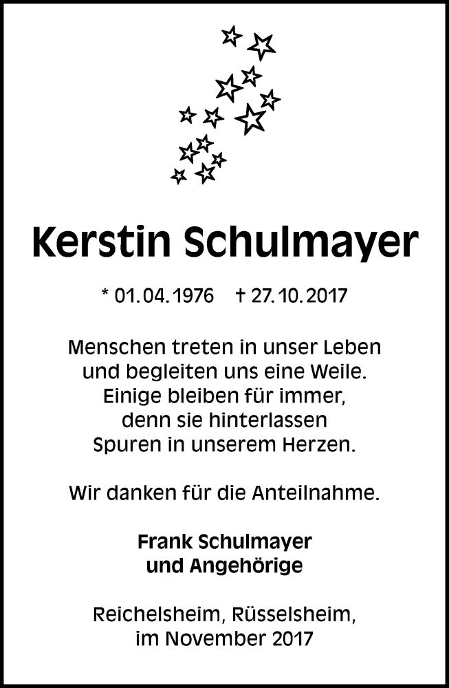  Traueranzeige für Kerstin Schulmayer vom 18.11.2017 aus Trauerportal Echo Online