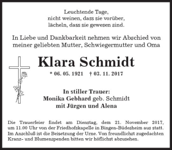 Traueranzeige von Klara Schmidt von Trauerportal Rhein Main Presse